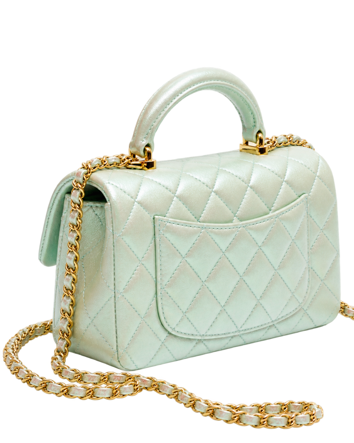 Mini Classic Handbag With Top Handle Iridescent Calfskin & Gold-Tone Metal Light Green
