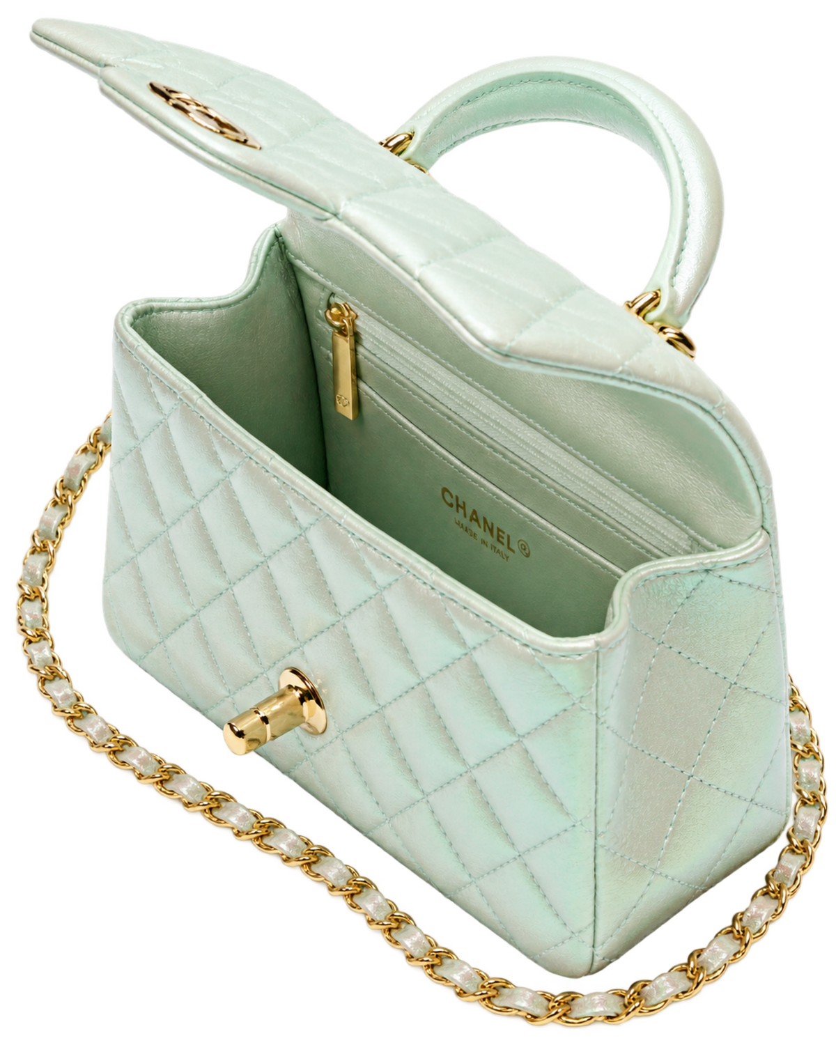 Mini Classic Handbag With Top Handle Iridescent Calfskin & Gold-Tone Metal Light Green