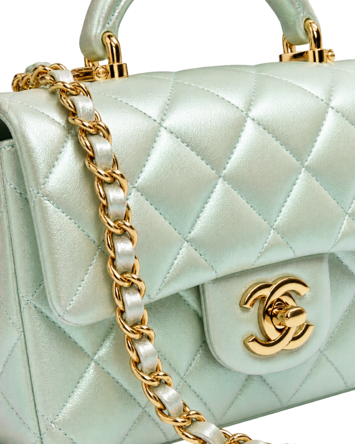 Mini Classic Handbag With Top Handle Iridescent Calfskin & Gold-Tone Metal Light Green