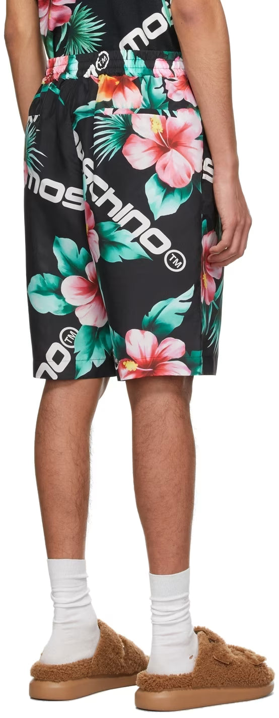 Black Hibiscus Print Swim Shorts