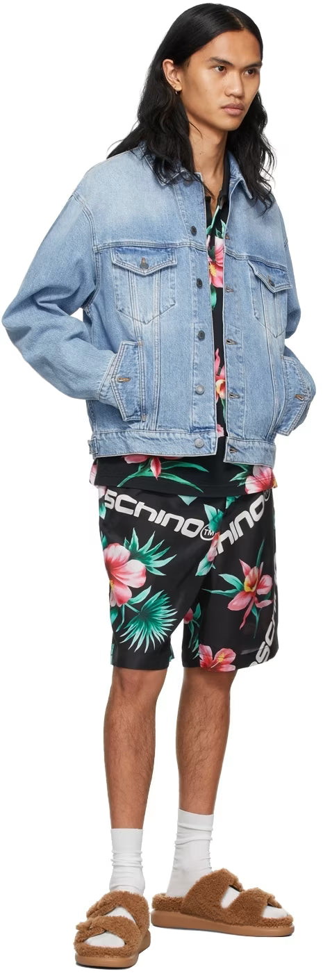 Black Hibiscus Print Swim Shorts