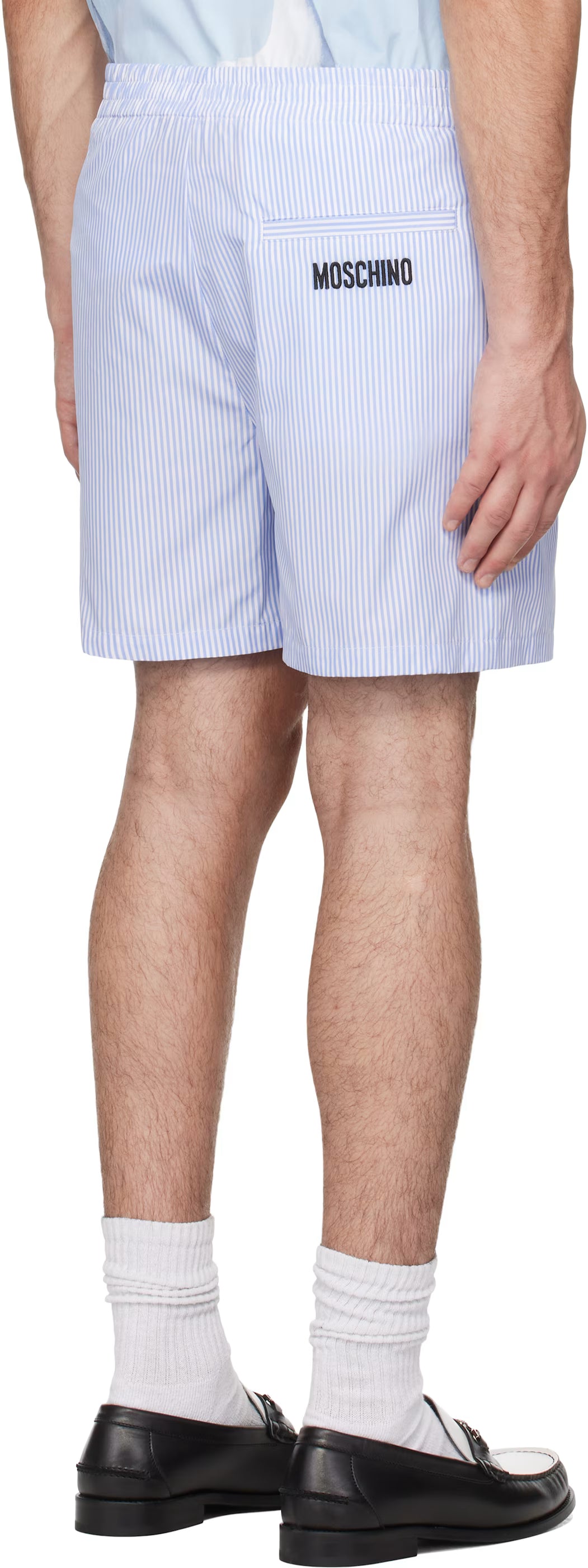 Blue & White Goose Embroidery Striped Poplin Shorts