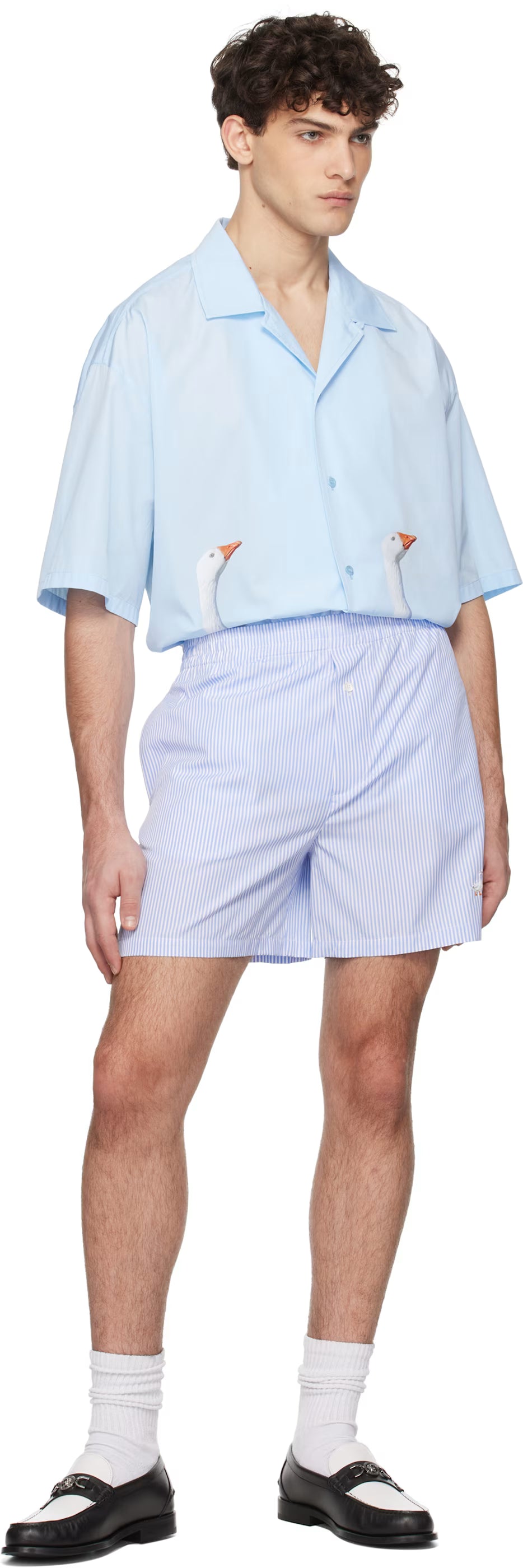 Blue & White Goose Embroidery Striped Poplin Shorts