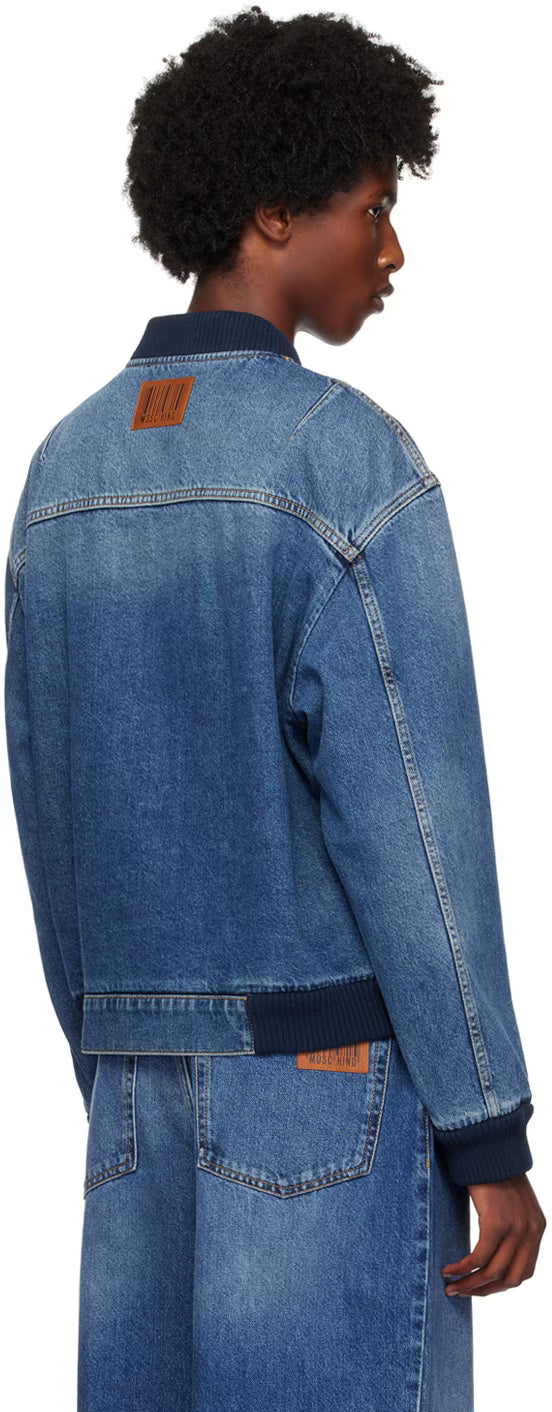 Blue Barcode Patch Denim Bomber Jacket