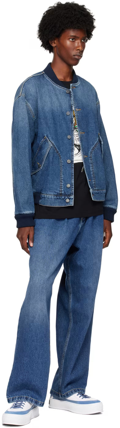 Blue Barcode Patch Denim Bomber Jacket
