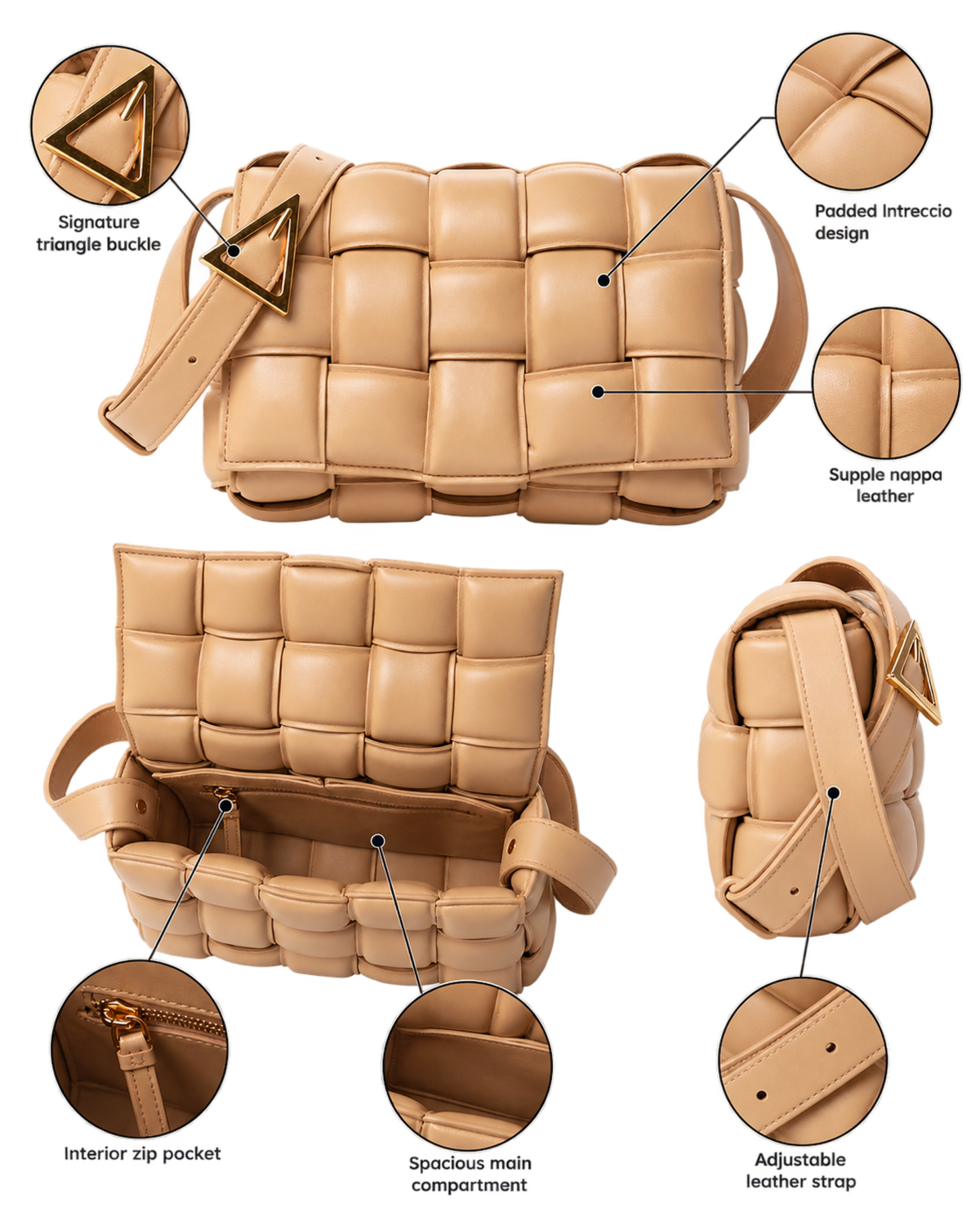 Nappa Maxi Intreccio Padded Cassette Crossbody Bag Almond