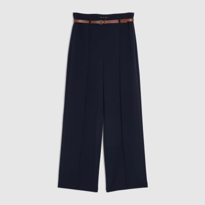 Navy Belted Straight Leg Trousers