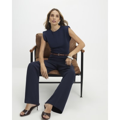 Navy Belted Straight Leg Trousers