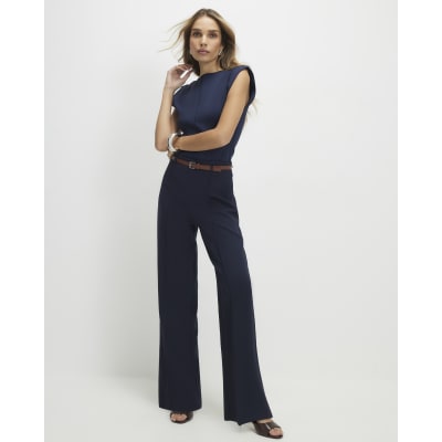 Navy Belted Straight Leg Trousers