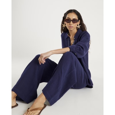 Navy Crinkle Drawstring Wide Leg Trousers