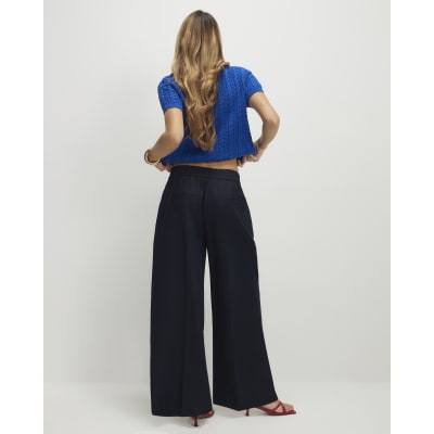 Navy Denim Look Wide Leg Trousers