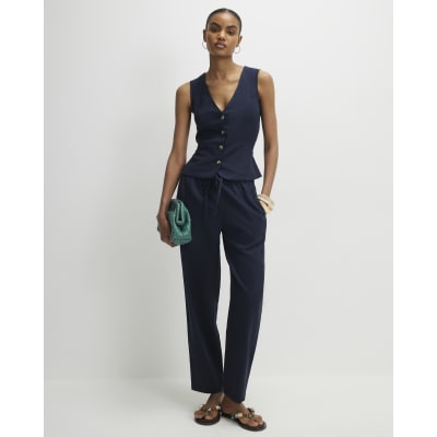 Navy Linen Blend Drawstring Tapered Trousers