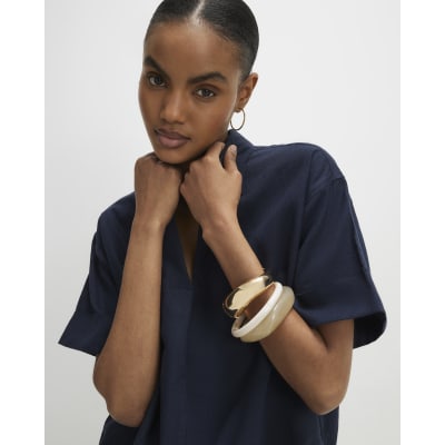 Navy Linen Blend Short Sleeve Shirt