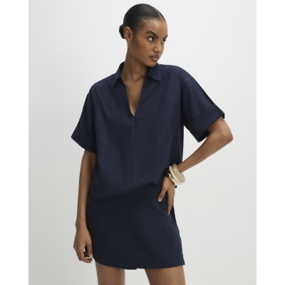 Navy Linen Blend Short Sleeve Shirt