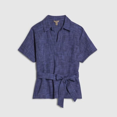 Navy Linen Look Collared Belted Top