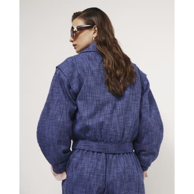 Navy Linen Look Tailored Bomber Jacket