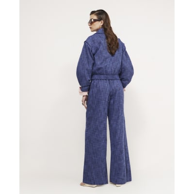 Navy Linen Look Wide Leg Trousers