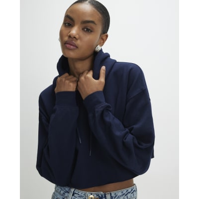Navy Long Sleeve Cropped Hoodie