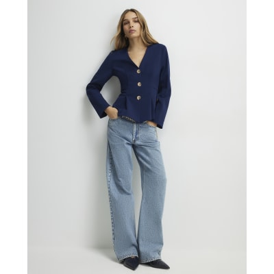 Navy Long Sleeve Pleated Jacket