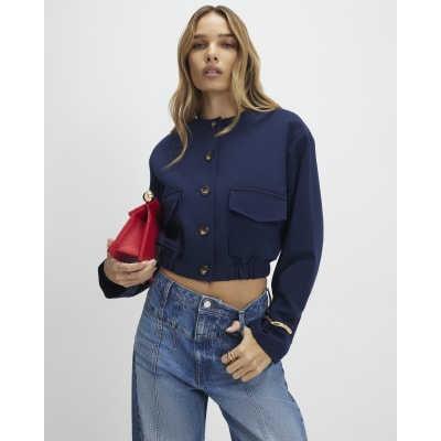Navy Long Sleeve Pocket Detail Bomber Jacket