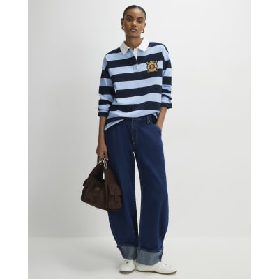 Navy Long Sleeve Striped Rugby Top