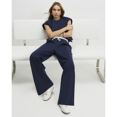 Navy Pinstripe Drawstring Wide Leg Trousers