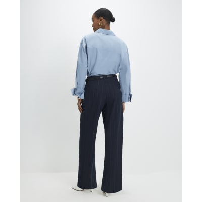 Navy Pinstripe Low Waist Belted Trousers