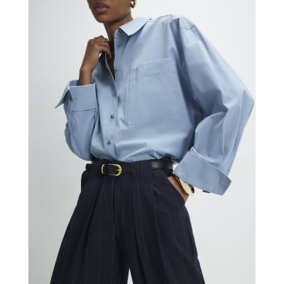 Navy Pinstripe Low Waist Belted Trousers