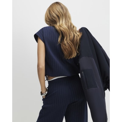 Navy Pinstripe Tie Side Bubble Hem Top