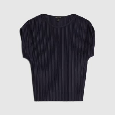 Navy Plisse Short Sleeve Top