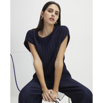 Navy Plisse Short Sleeve Top