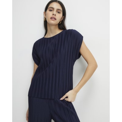 Navy Plisse Short Sleeve Top