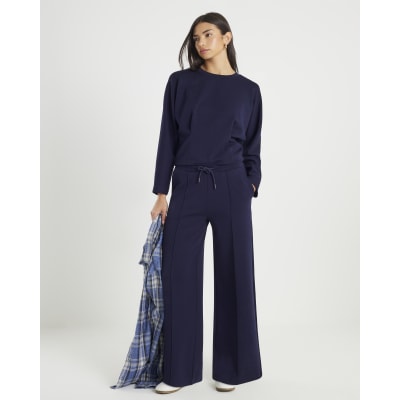 Navy Premium Wide Leg Pintuck Joggers