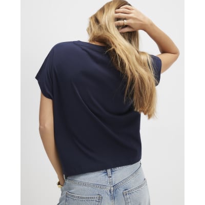 Navy Short Sleeve Twist Front T-Shirt