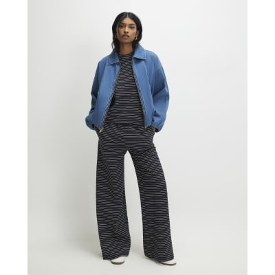 Navy Striped Wide Leg Trousers