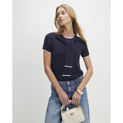 Navy Tie Neck Knitted Top
