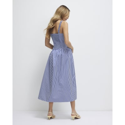 Navy V Neck Stripe Midi Dress