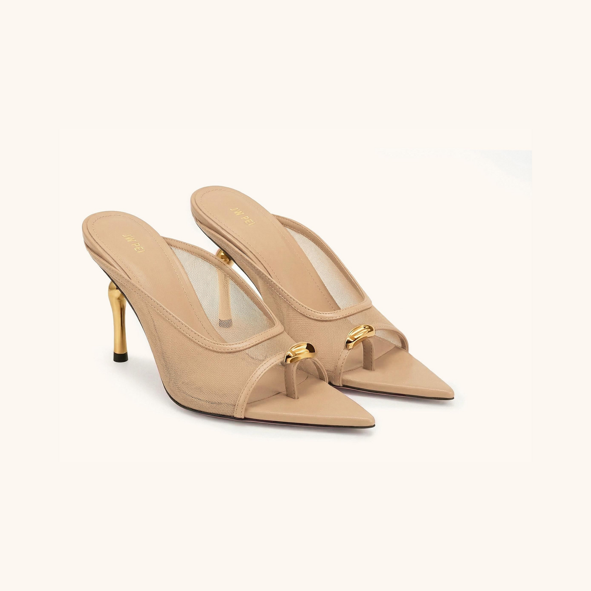 Noemi Pointed-Toe Mesh Mule Heels - Khaki