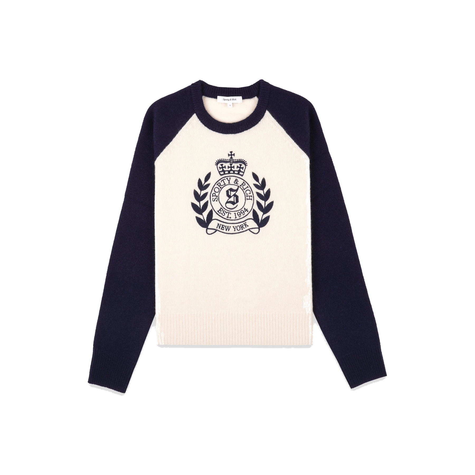 NY Crest Cashmere Baseball Sweater - Ecru/Navy