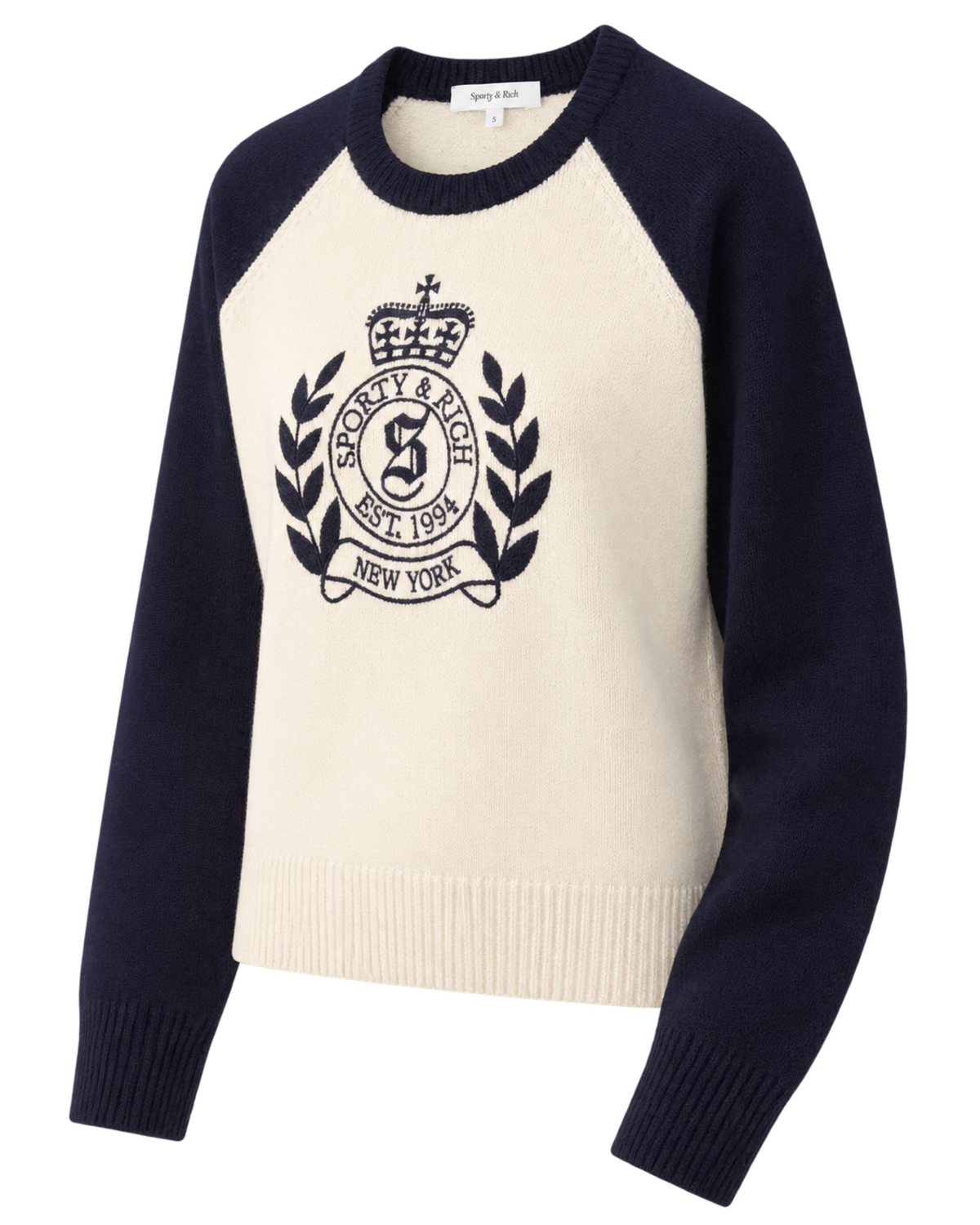 NY Crest Cashmere Baseball Sweater - Ecru/Navy