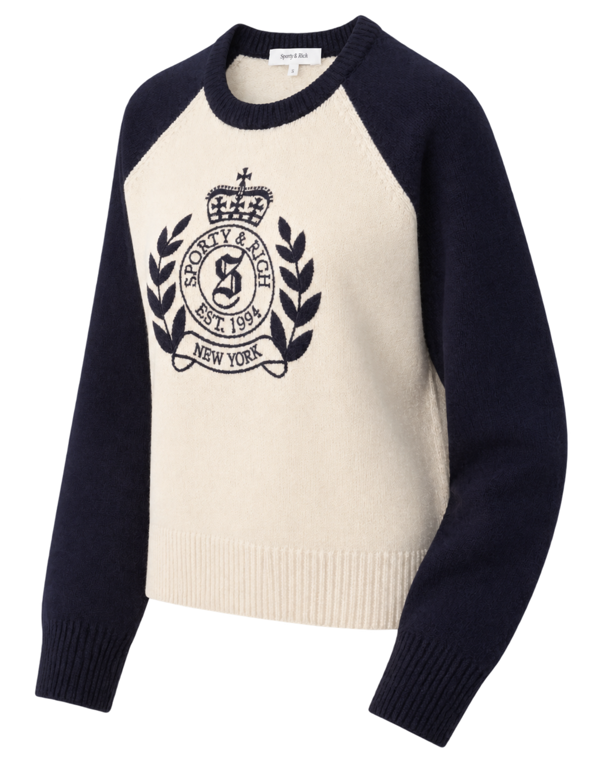 NY Crest Cashmere Baseball Sweater - Ecru/Navy