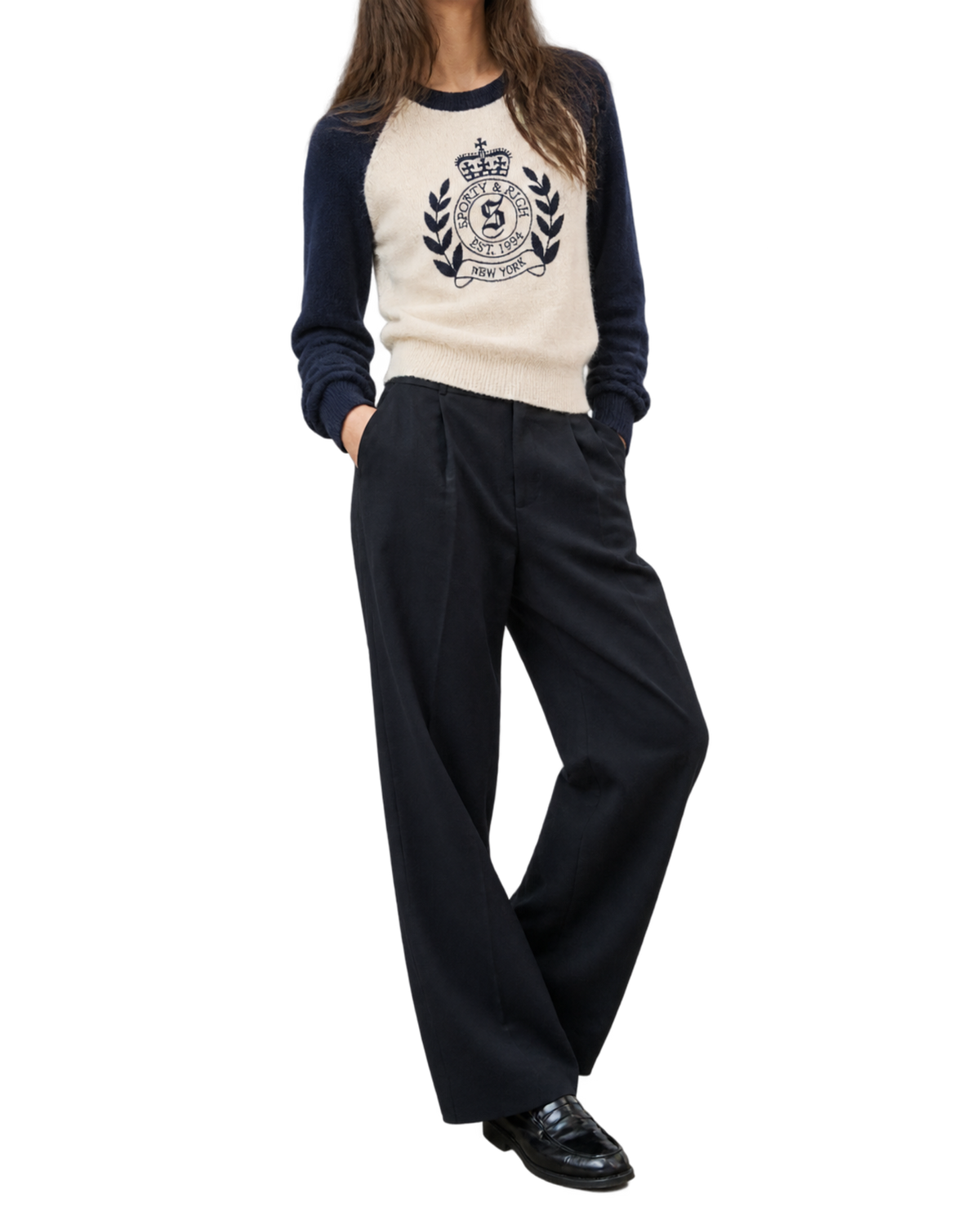 NY Crest Cashmere Baseball Sweater - Ecru/Navy