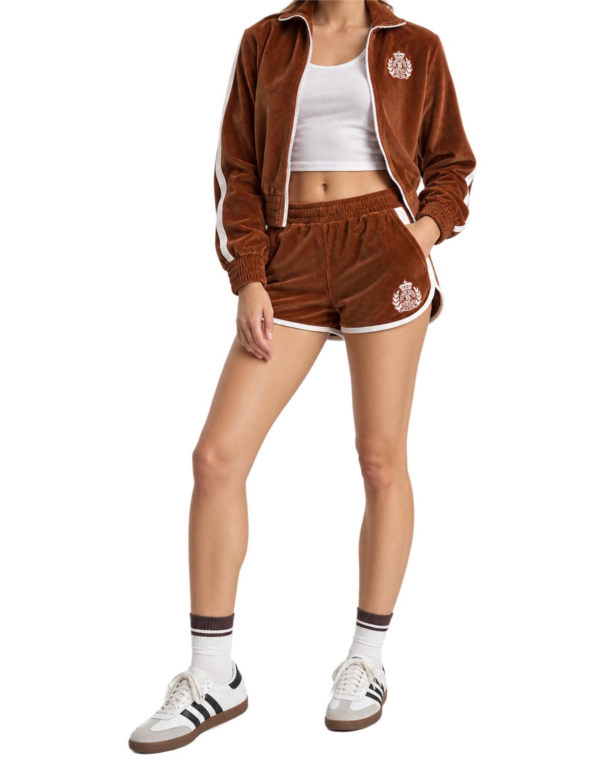 NY Crest Velour Track Short - Tobacco/White