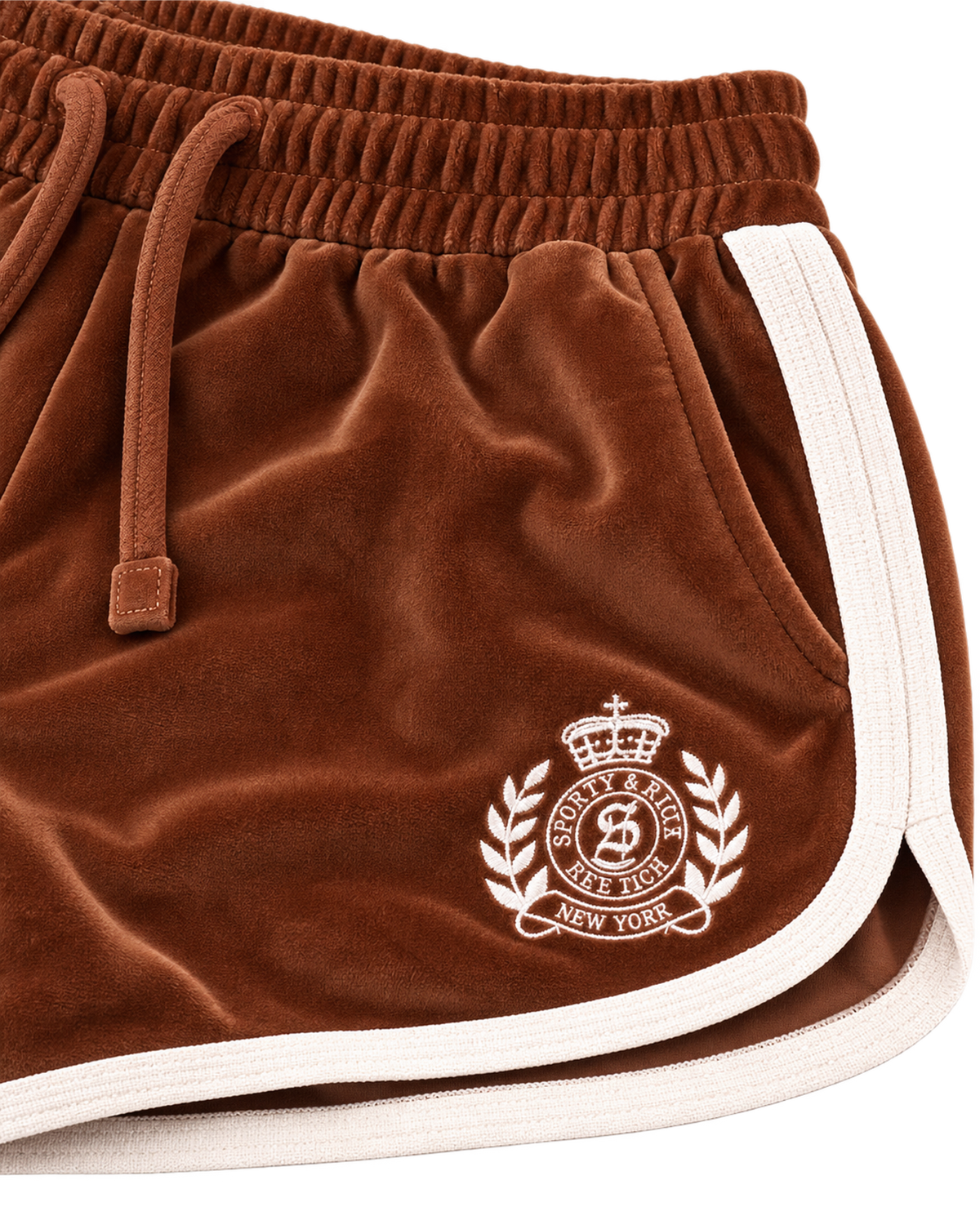 NY Crest Velour Track Short - Tobacco/White