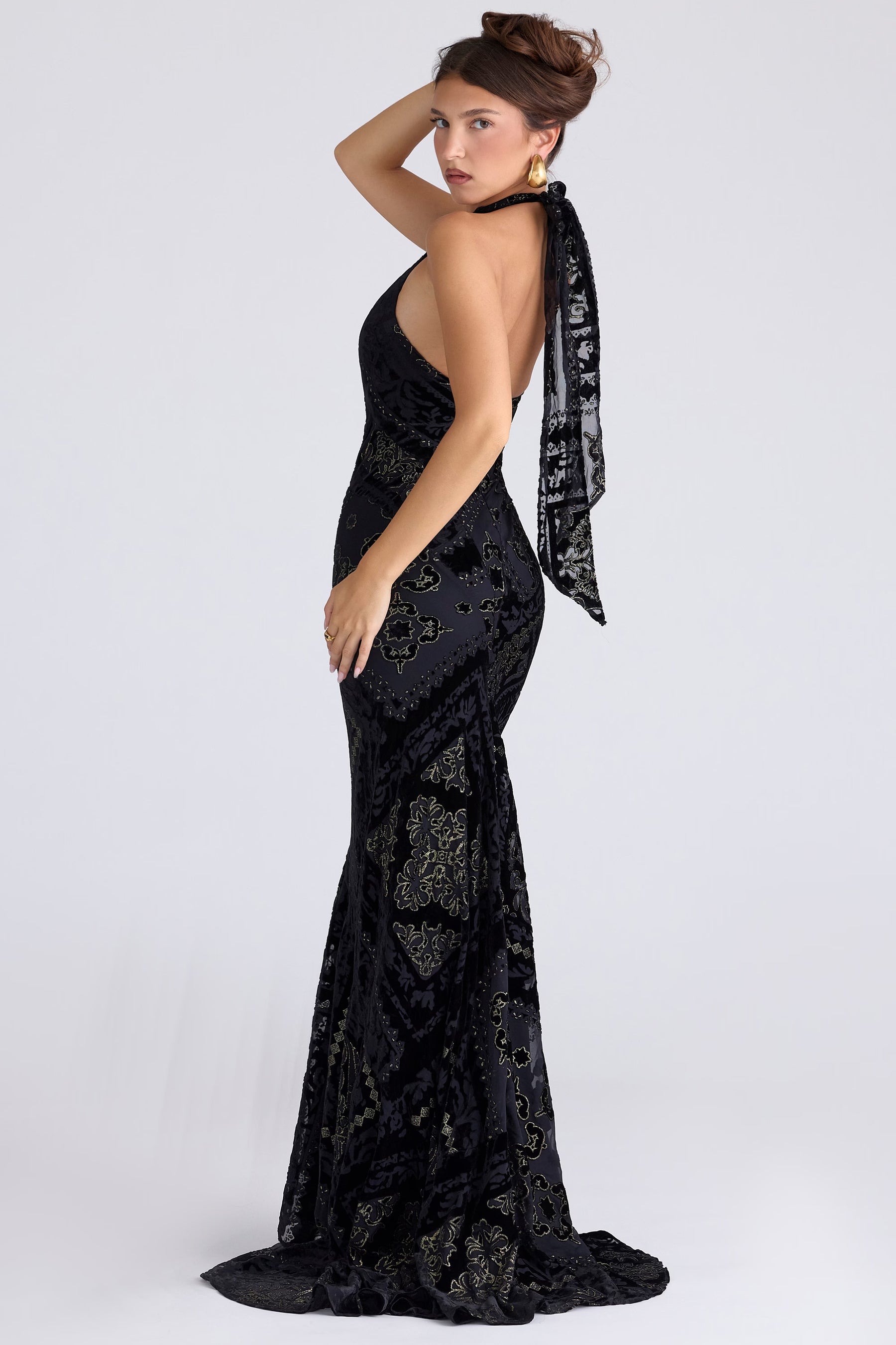 Oliviana black & gold devore velvet maxi gown
