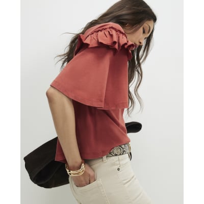 Orange Chevron Ruffle Sleeve T-Shirt