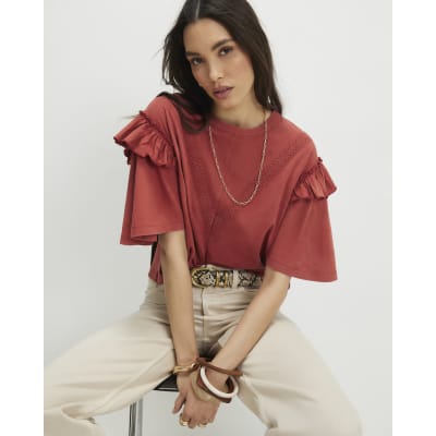 Orange Chevron Ruffle Sleeve T-Shirt