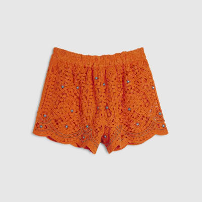 Orange Crochet Embellished Beach Shorts