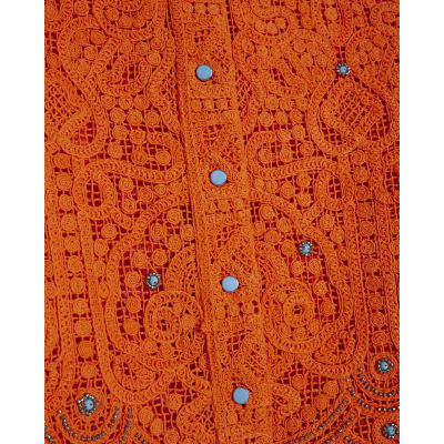 Orange Crochet Long Sleeve Embellished Shirt