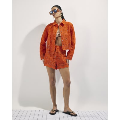 Orange Crochet Long Sleeve Embellished Shirt